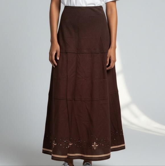 Jessica Dresses & Skirts - Jessica LINEN blend Chocolate Maxi Skirt with Embroidered Accents 5022